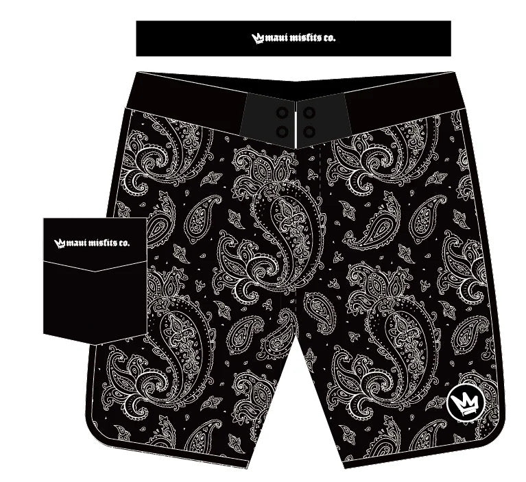 Black Paisley Board Shorts